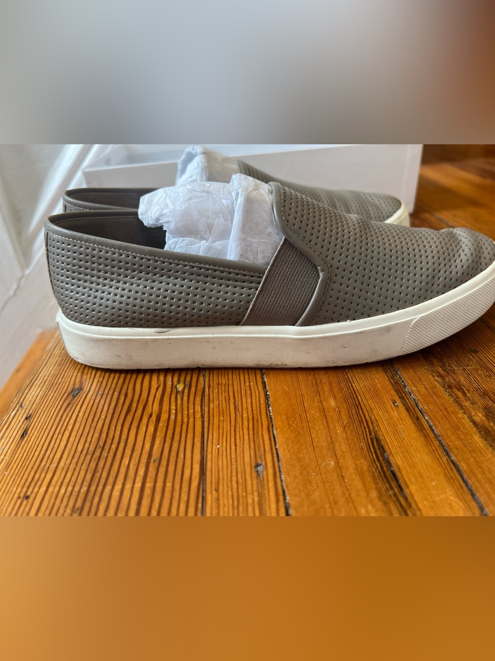 Vince Perforated Slip-On Loafers in Taupe with White Sole